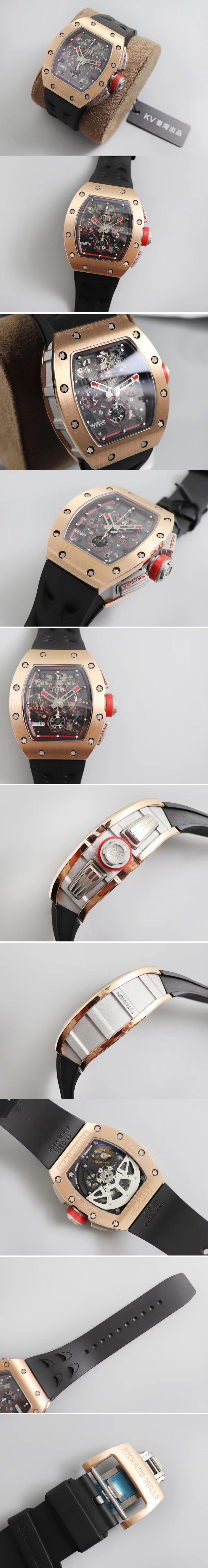 Replica Richard Mille RM011-FM Chronograph Rose Gold Case KVF 1:1 Best Edtion Crystal Skeleton Dial On Black Rubber Strap A7750