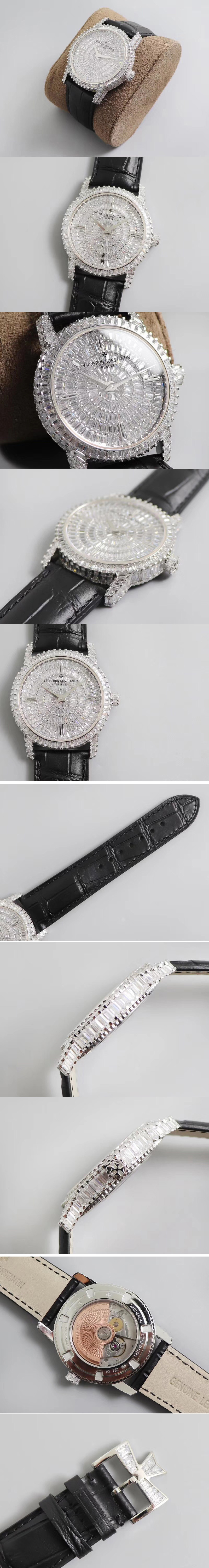Replica Vacheron Constantin SS/LE 40mm Full Diamond Case on Black Leather Strap M9015