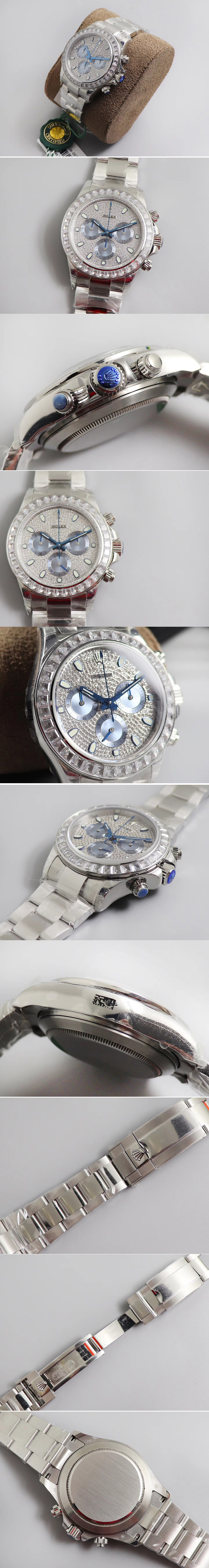 Replica Rolex Daytona SS JHF Best Edition Diamonds/Blue Dial Diamonds Bezel on SS Bracelet A4130