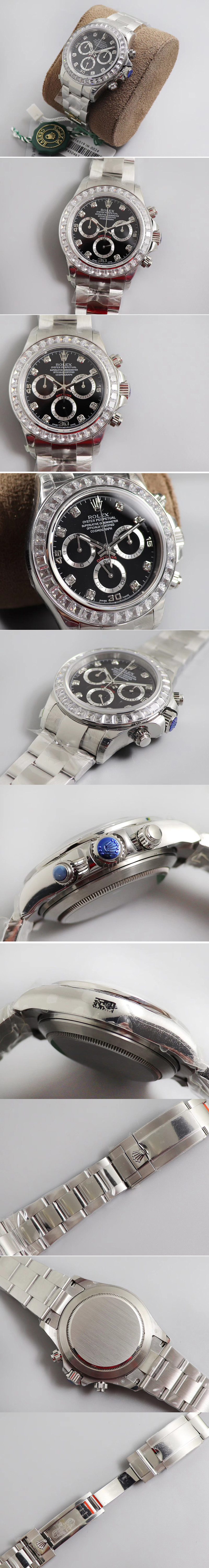 Replica Rolex Daytona SS JHF Best Edition Black Dial Diamonds Bezel on SS Bracelet A4130