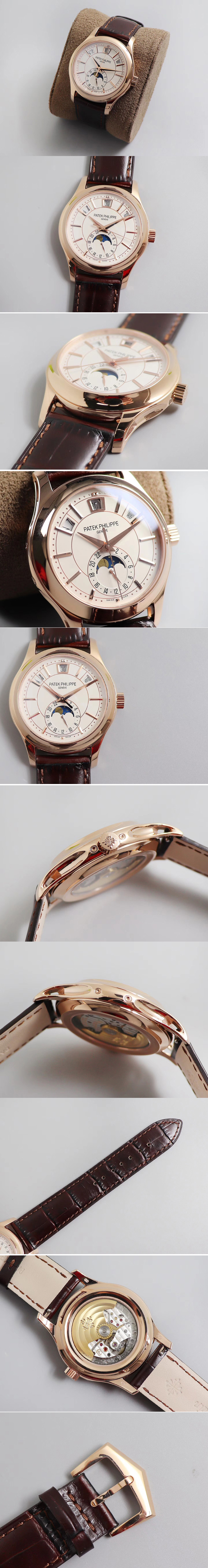 Replica Patek Philippe Annual Calendar 5205G Rose Gold GRF Best Edition White Dial on Brown Leather Strap A324