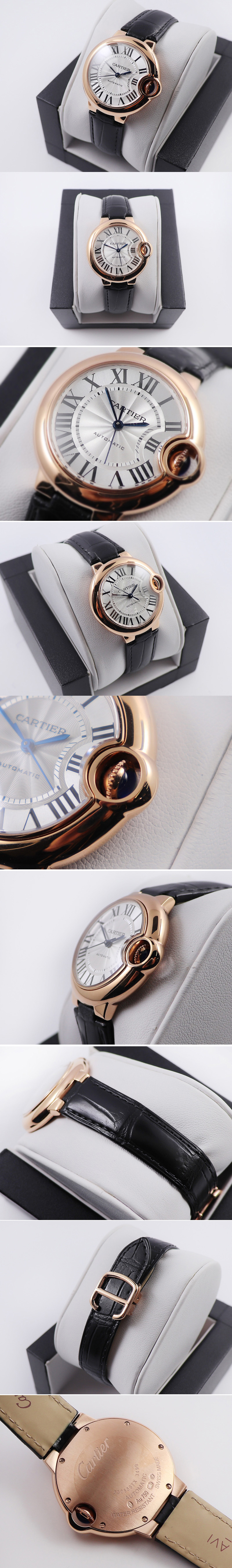 Replica Cartier Ballon Bleu 33mm RG AF 1:1 Best Edition White Textured Dial on Black Croco Leather Strap Cal.076