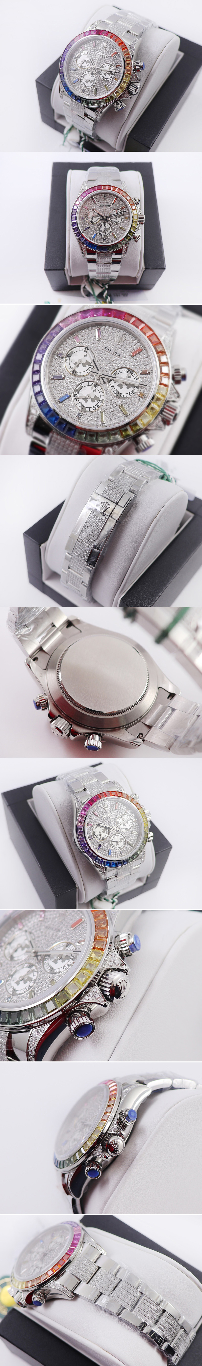 Replica Rolex Daytona 116595RBOW SS Rainbow Crystal JHF Best Edition Diamonds Dial on RG Diamonds Bracelet A4130