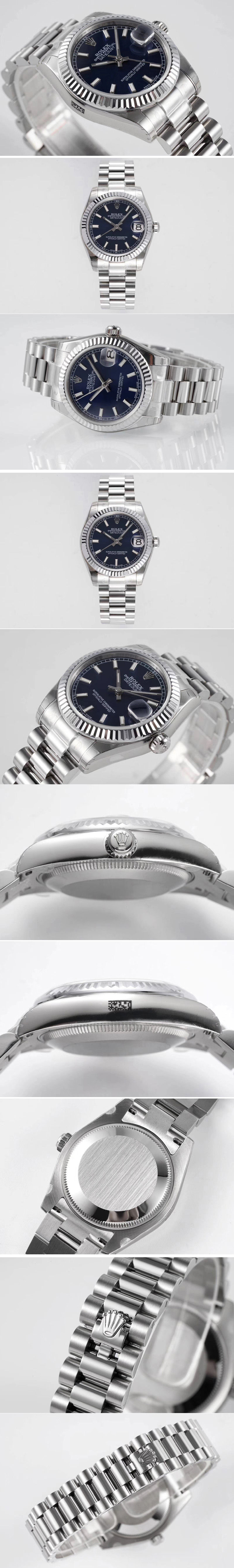 Replica Rolex Datejust 31mm 178274 SS GSF Best Edition Blue Stick Markers Dial on SS President Bracelet SEIKO NH05A
