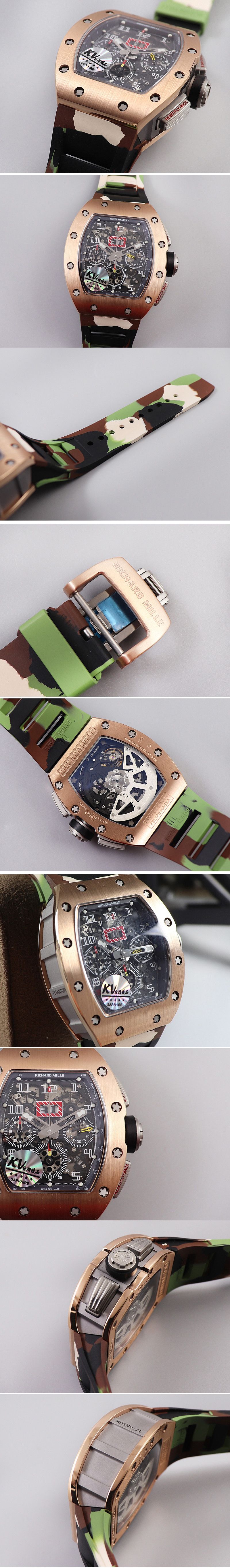 Replica Richard Mille RM011 RG Chrono KVF 1:1 Best Edition Crystal Dial Black on Green Camo Rubber Strap A7750 V3