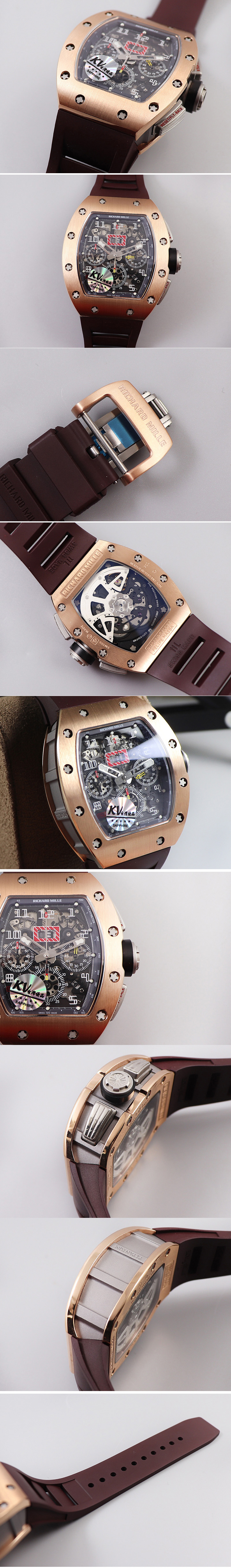 Replica Richard Mille RM011 RG Chrono KVF 1:1 Best Edition Crystal Dial Black on Brown Rubber Strap A7750