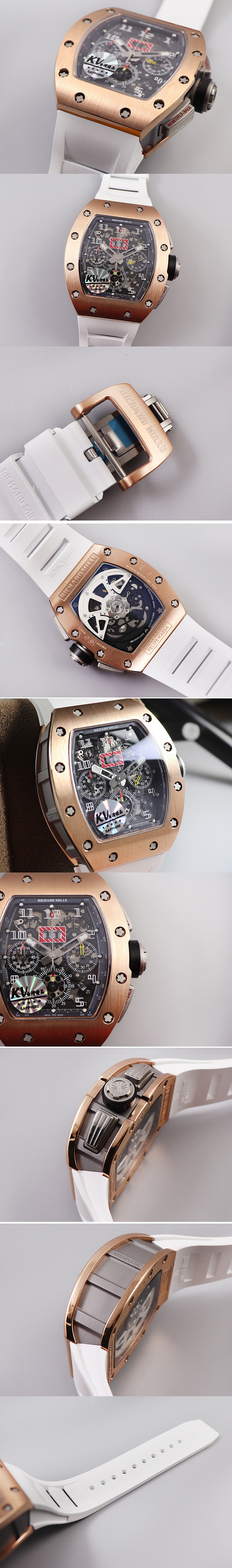 Replica Richard Mille RM011 RG Chrono KVF 1:1 Best Edition Crystal Dial Black on White Rubber Strap A7750