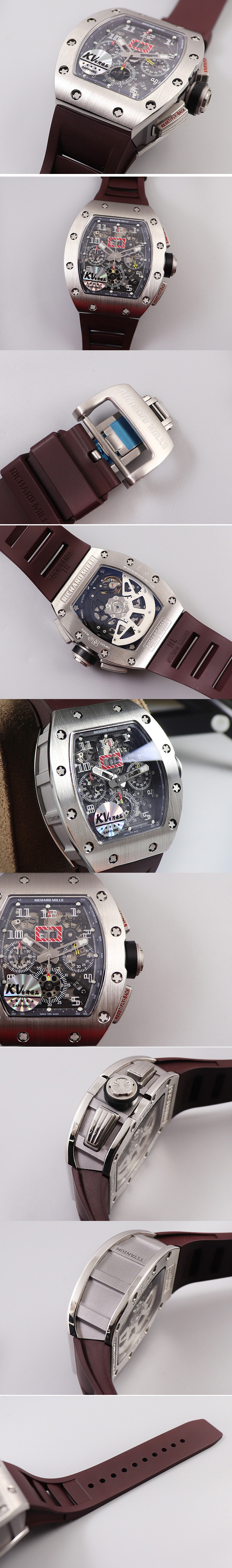 Replica Richard Mille RM011 SS Chrono KVF 1:1 Best Edition Crystal Dial Black on Brown Rubber Strap A7750