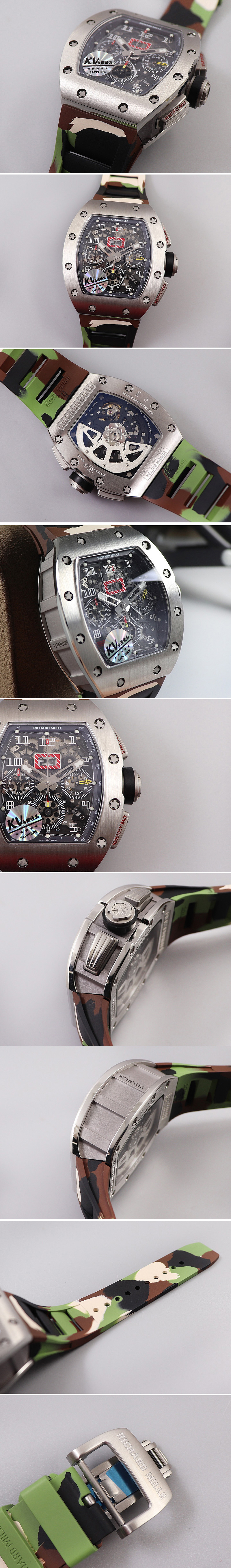 Replica Richard Mille RM011 SS Chrono KVF 1:1 Best Edition Crystal Dial Black on Green Camo Rubber Strap A7750