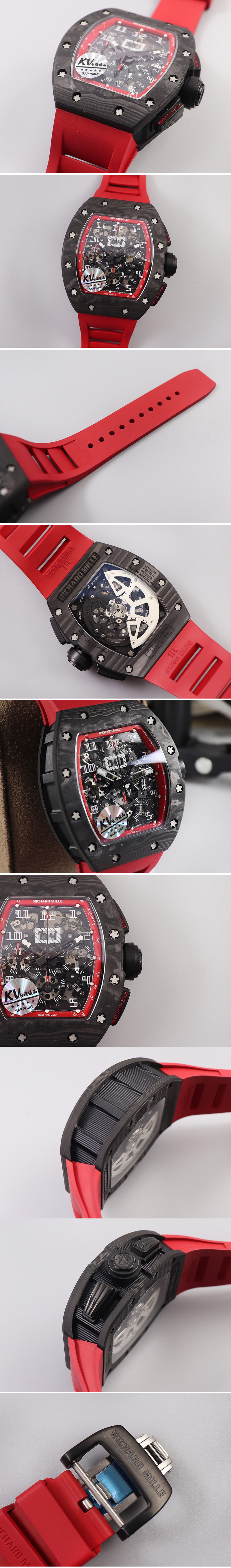 Replica Richard Mille RM011 NTPT Chrono PVD Case KVF 1:1 Best Edition Crystal Dial Red on Red Rubber Strap A7750