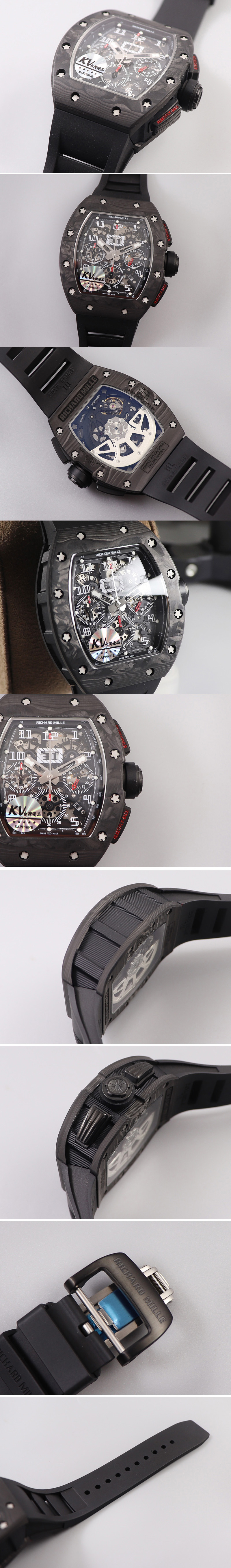 Replica Richard Mille RM011 NTPT Chrono PVD Case KVF 1:1 Best Edition Crystal Dial Black on Black Rubber Strap A7750