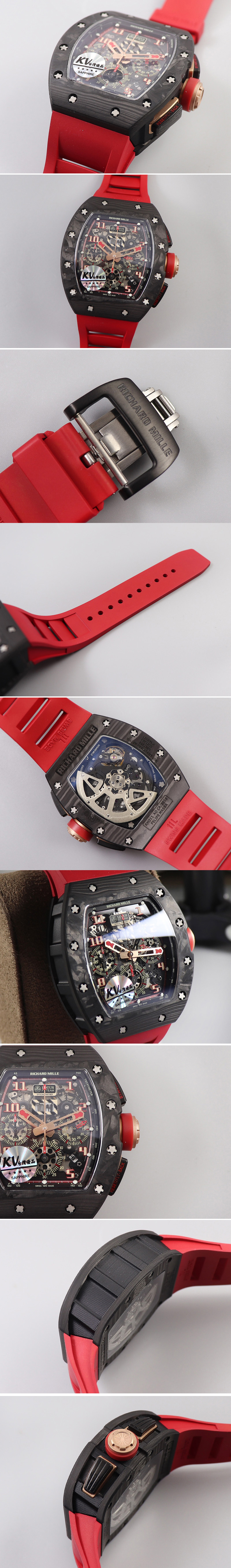 Replica Richard Mille RM011 NTPT Chrono Lotus KVF 1:1 Best Edition Crystal Dial on Red Rubber Strap A7750