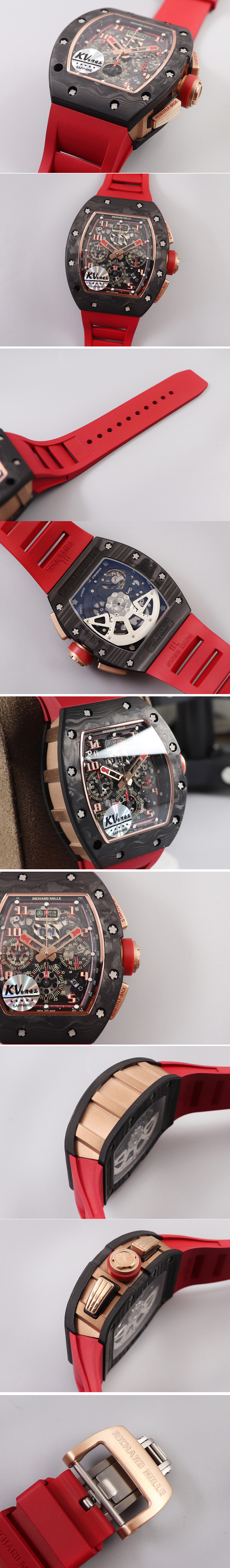 Replica Richard Mille RM011 NTPT Chrono RG Case KVF 1:1 Best Edition Crystal Dial Red on Red Rubber Strap A7750