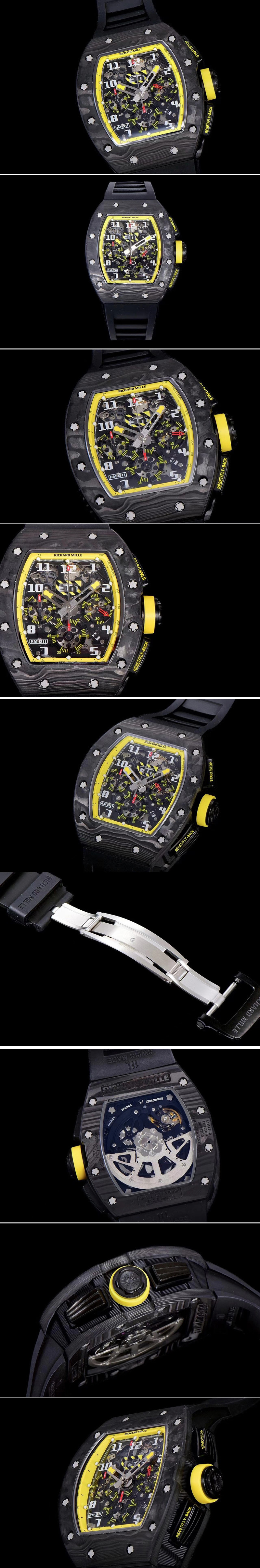 Replica Richard Mille RM011 NTPT Carbon Chrono KVF 1:1 Best Edition Crystal Skeleton Dial Yellow Inner Bezel on Black Rubber Strap A7750