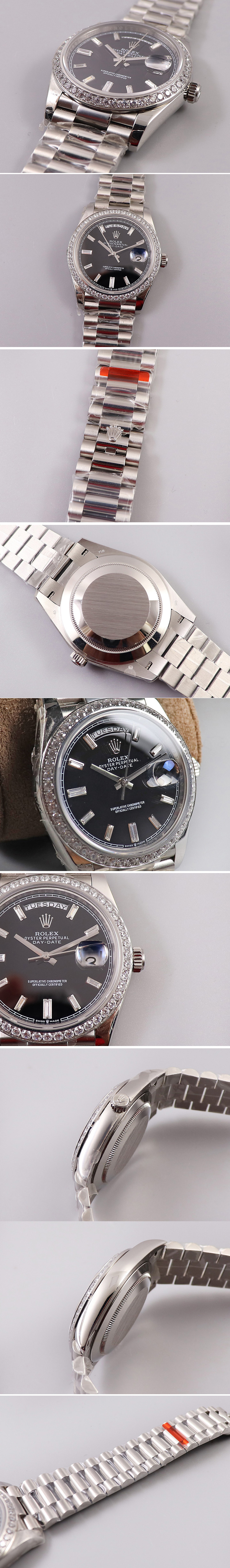 Replica Rolex Day-Date 40mm 228239 EWF Best Edtion Diamond Bezel SS Black Dial President Bracelet A3255