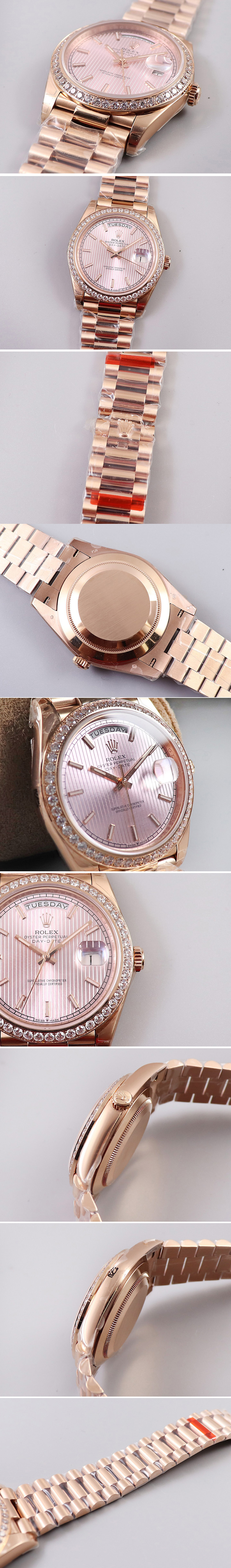 Replica Rolex Day-Date 40mm 228239 EWF Best Edtion RG Diamond Bezel Pink Dial President Bracelet A3255