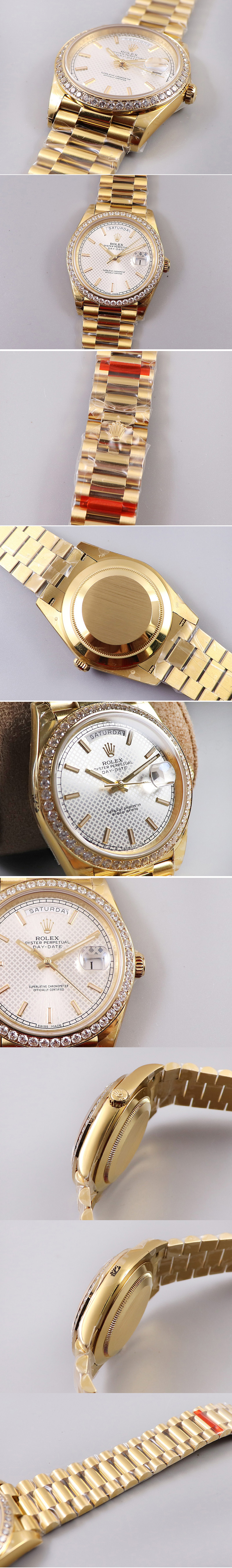 Replica Rolex Day-Date 40mm 228239 EWF Best Edtion YG Diamond Bezel White Dial President Bracelet A3255