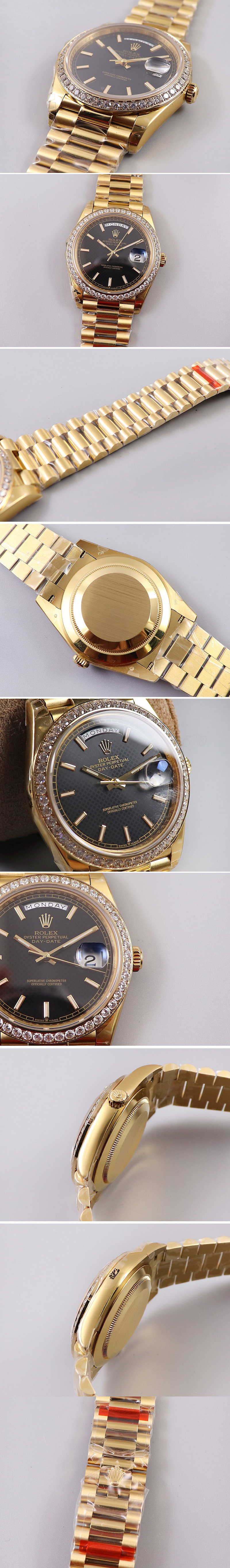 Replica Rolex Day-Date 40mm 228239 EWF Best Edtion YG Diamond Bezel Black Dial President Bracelet A3255
