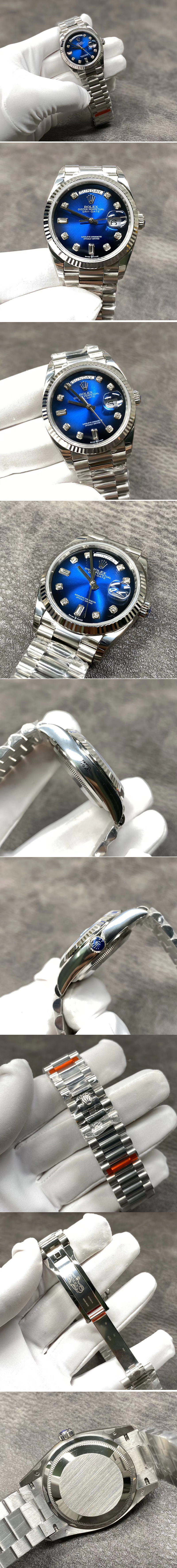 Replica Rolex Day Date 36 128239 GMF 1:1 Best Edition 904L Steel Blue Dial Diamonds Markers on Bracelet A2836
