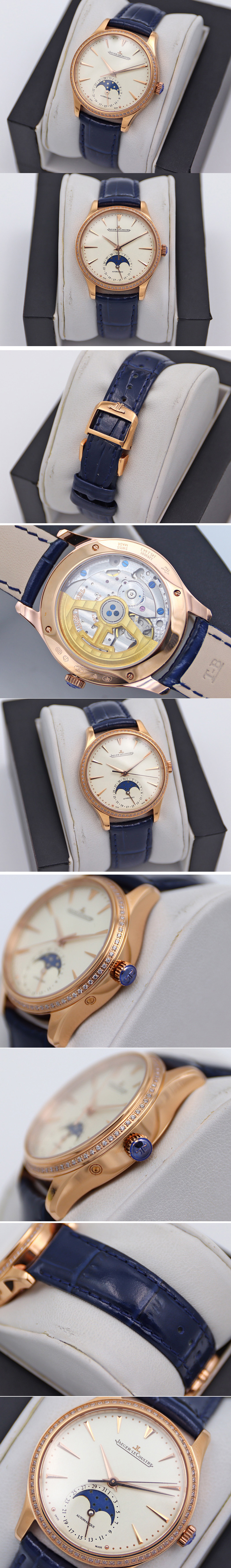 Replica Jaeger-LeCoultre Master Ultra Thin Moonphase RG/LE Diamond Bezel White Dial Blue Leather Strap TW MY9015 to Cal.925