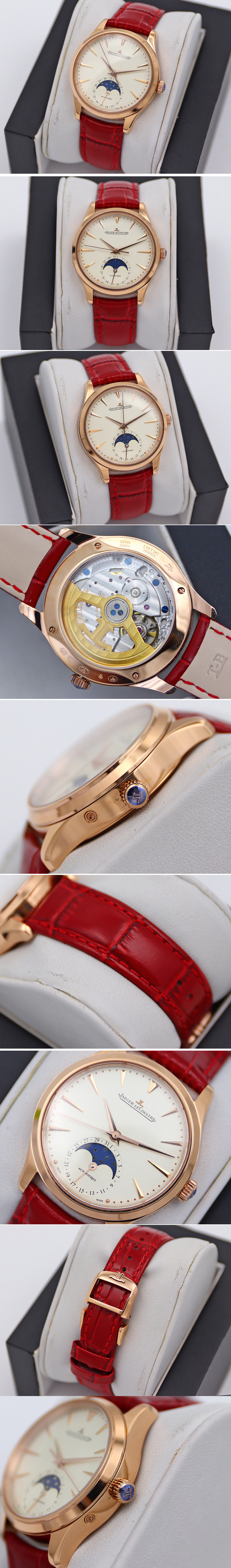 Replica Jaeger-LeCoultre Master Ultra Thin Moonphase RG/LE White Dial Red Leather Strap TW MY9015 to Cal.925