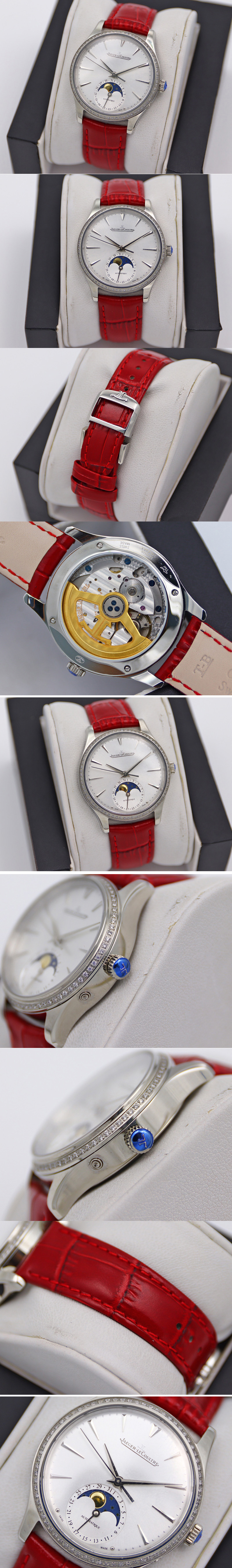 Replica Jaeger-LeCoultre Master Ultra Thin Moonphase SS/LE White Dial Diamond Bezel Red Leather Strap TW MY9015 to Cal.925