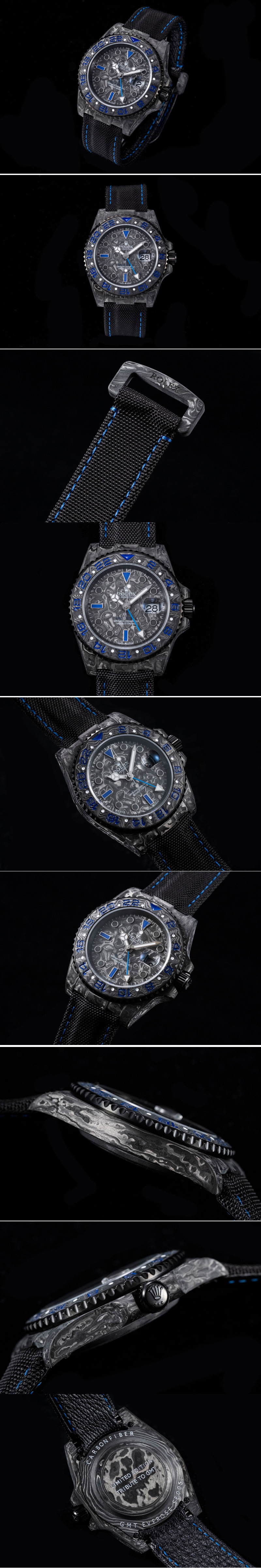 Replica Rolex GMT DIW Carbon OMF Best Edition Black/Blue Black Dial on Black Nylon Strap SA3186 CHS