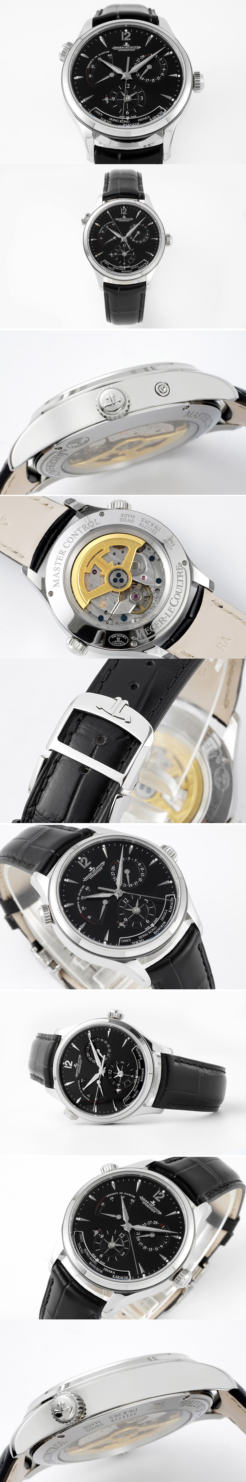 Replica Jaeger-LeCoultre Master Geographic Real PR SS ZF 1:1 Best Edition Black Dial on Black Leather Strap A939