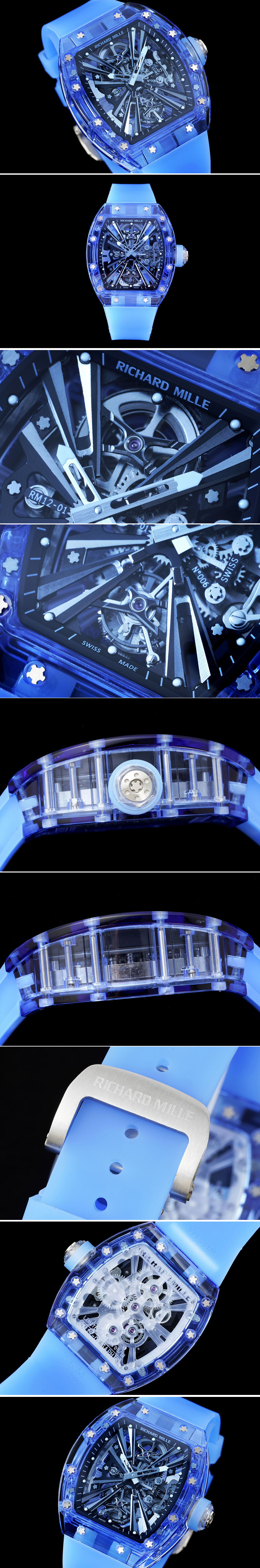 Replica Richard Mille RM012 Blue Transparent Tourbillon RMF Best Edition Skeleton Dial on Blue Rubber Strap