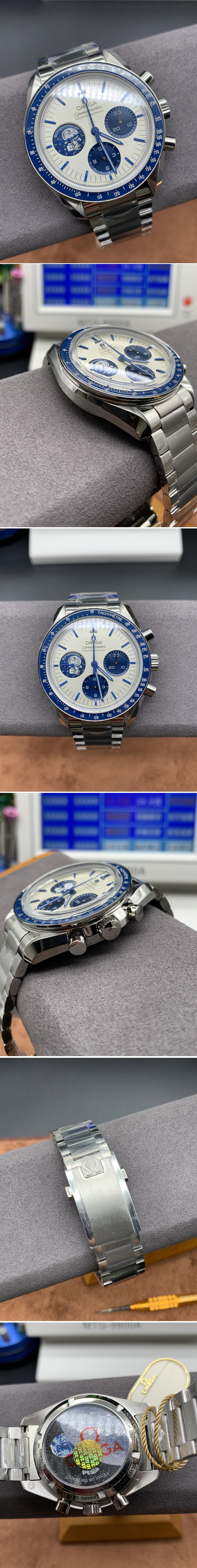 Replica Omega Speedmaster SS Blue Snoopy OMF 1:1 Best Edition White Dial on New SS Bracelet Manual Winding Chrono Movement