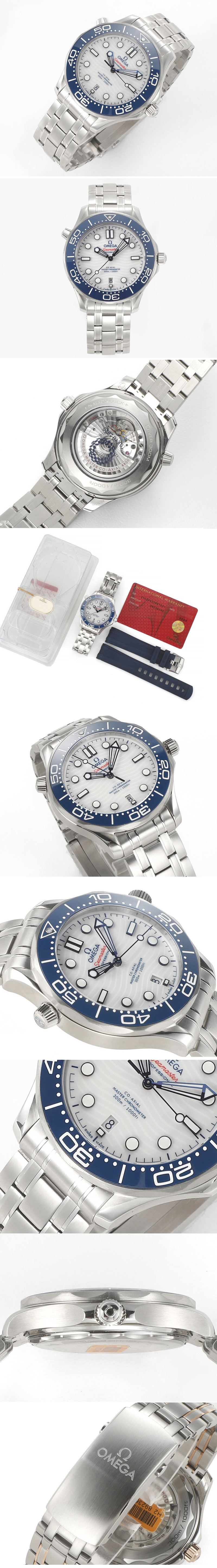 Replica Omega 2018 Seamaster Diver 300M VSF 1:1 Best Edition Blue Ceramic White Dial on SS Bracelet A8800 V2 (Black Balance Wheel)