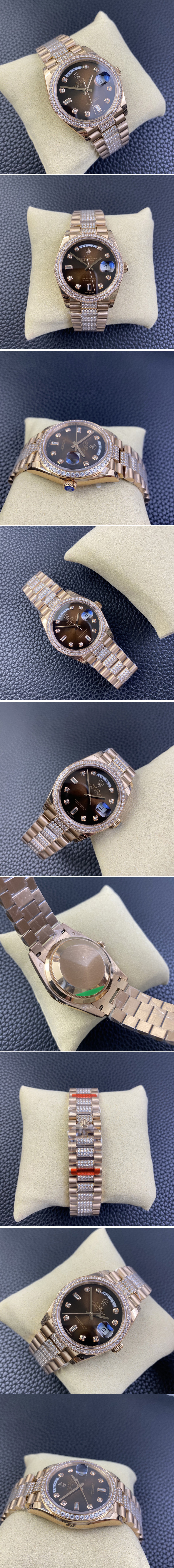 Replica Rolex Day-Date 36 128235 RG/Crystal EW Best Edition Brown Crystal Marker Dial on RG President Bracelet SA3255