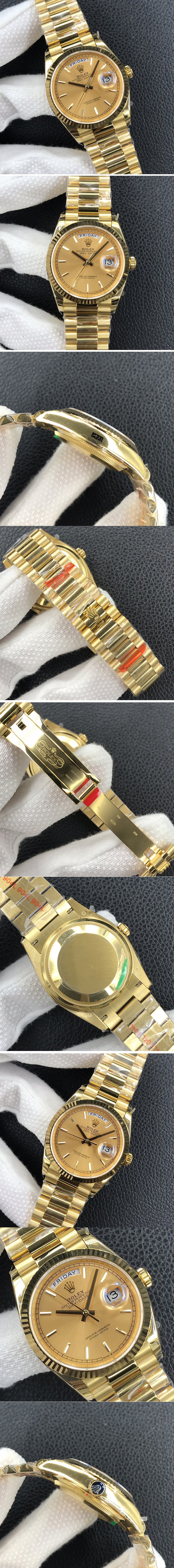 Replica Rolex Day-Date 36 YG 128238 EWF Best Edition Gold Dial Stick Markers on President Bracelet A3255