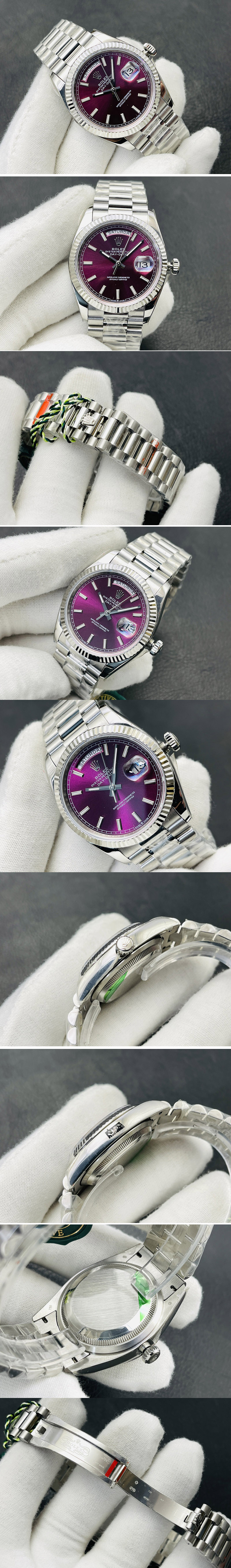 Replica Rolex Day Date 40mm 228239 SS VR 1:1 Best Edition Purple Dial Sticks Markers on SS President Bracelet A2836
