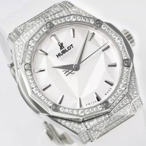 Replica Hublot Classic Fusion Orlinski SS Full Diamonds APSF 1:1 Best Edtion White Faceted Dial on White Rubber Strap A2892