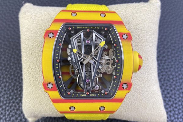 Replica Richard Mille RM027-03 Real Tourbillon RMF Best Edition Orange/Red Carbon Skeleton Dial on Yellow Nylon Strap