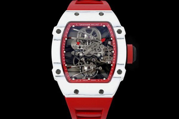 Replica Richard Mille RM027-02 Nadal Real Tourbillon RMF Best Edition White Forge Carbon Red Inner Bezel on Red Rubber Strap
