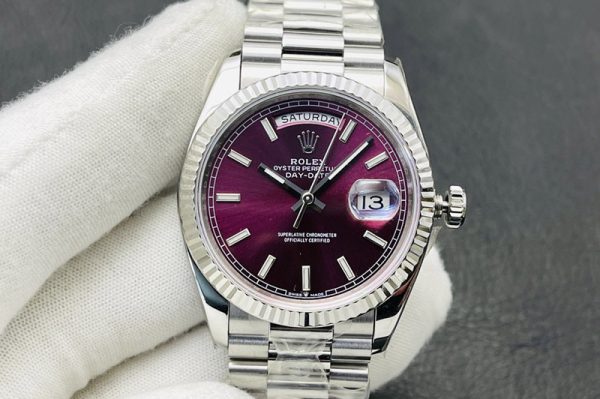 Replica Rolex Day Date 40mm 228239 SS VR 1:1 Best Edition Purple Dial Sticks Markers on SS President Bracelet A2836