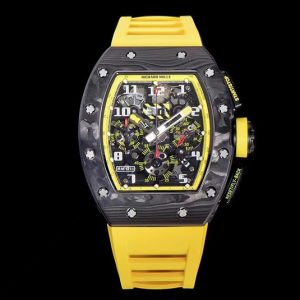 Replica Richard Mille RM011 NTPT Carbon Chrono KVF 1:1 Best Edition Crystal Skeleton Dial Yellow Inner Bezel on Yellow Rubber Strap A7750