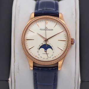 Replica Jaeger-LeCoultre Master Ultra Thin Moonphase RG/LE Diamond Bezel White Dial Blue Leather Strap TW MY9015 to Cal.925