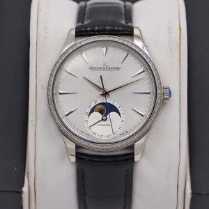 Replica Jaeger-LeCoultre Master Ultra Thin Moonphase SS/LE White Dial Diamond Bezel Black Leather Strap TW MY9015 to Cal.925