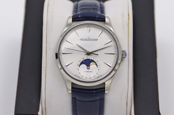 Replica Jaeger-LeCoultre Master Ultra Thin Moonphase SS/LE White Dial Blue Leather Strap TW MY9015 to Cal.925