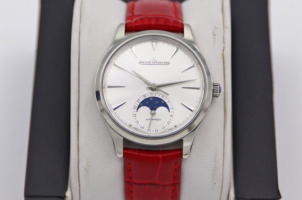 Replica Jaeger-LeCoultre Master Ultra Thin Moonphase SS/LE White Dial Red Leather Strap TW MY9015 to Cal.925
