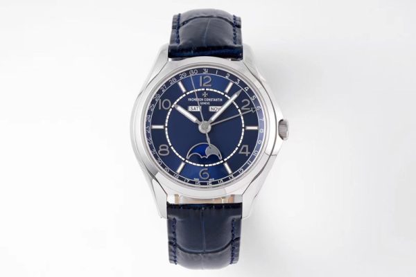 Replica Vacheron Constantin Fiftysix Complete Calendar SS 40mm ZF 1:1 Best Edition Blue Dial on Blue Leather Strap A2460