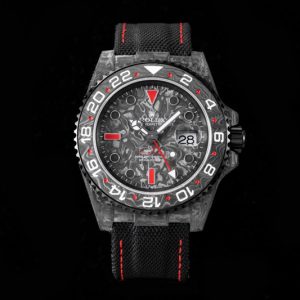 Replica Rolex GMT DIW Carbon OMF Best Edition Black/Red Black Dial on Black Nylon Strap SA3186 CHS