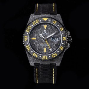 Replica Rolex GMT DIW Carbon OMF Best Edition Black/Yellow Black Dial on Black Nylon Strap SA3186 CHS