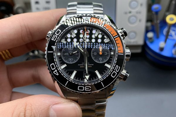 Replica Omega Planet Ocean Master Chronometer OMF SS Black/Orange Polished Bezel Black Dial on SS Bracelet A9900