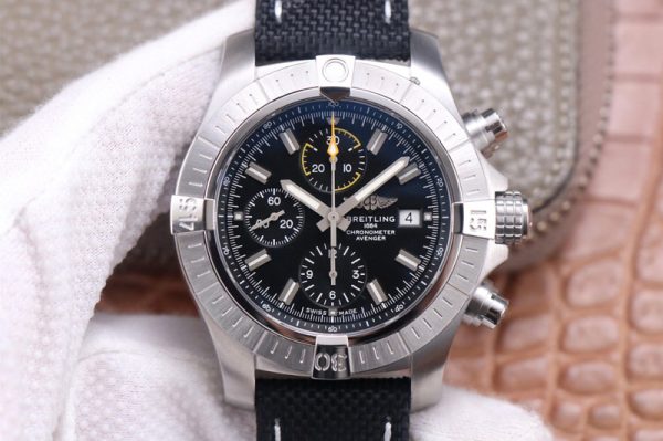 Replica Breitling Avenger Chrono SS TF 1:1 Best Edition Black Dial on Black Nylon Strap A7750