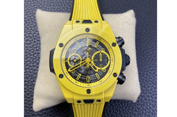 Replica Hublot Big Bang Unico Yellow Magic Ceramic ZF 1:1 Best Edition Skeleton Dial on Yellow Rubber Strap A1280