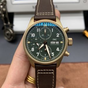 Replica IWC Pilot Chrono Spitfire IW387902 Bronze ZF 1:1 Best Edition Green Dial on Brown Leather Strap A7750